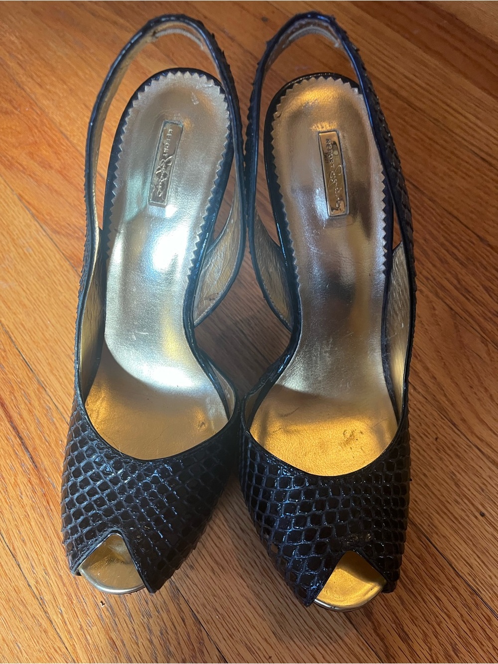 Report Signature Black Peep-Toe Slingback Heels with Gold Insole